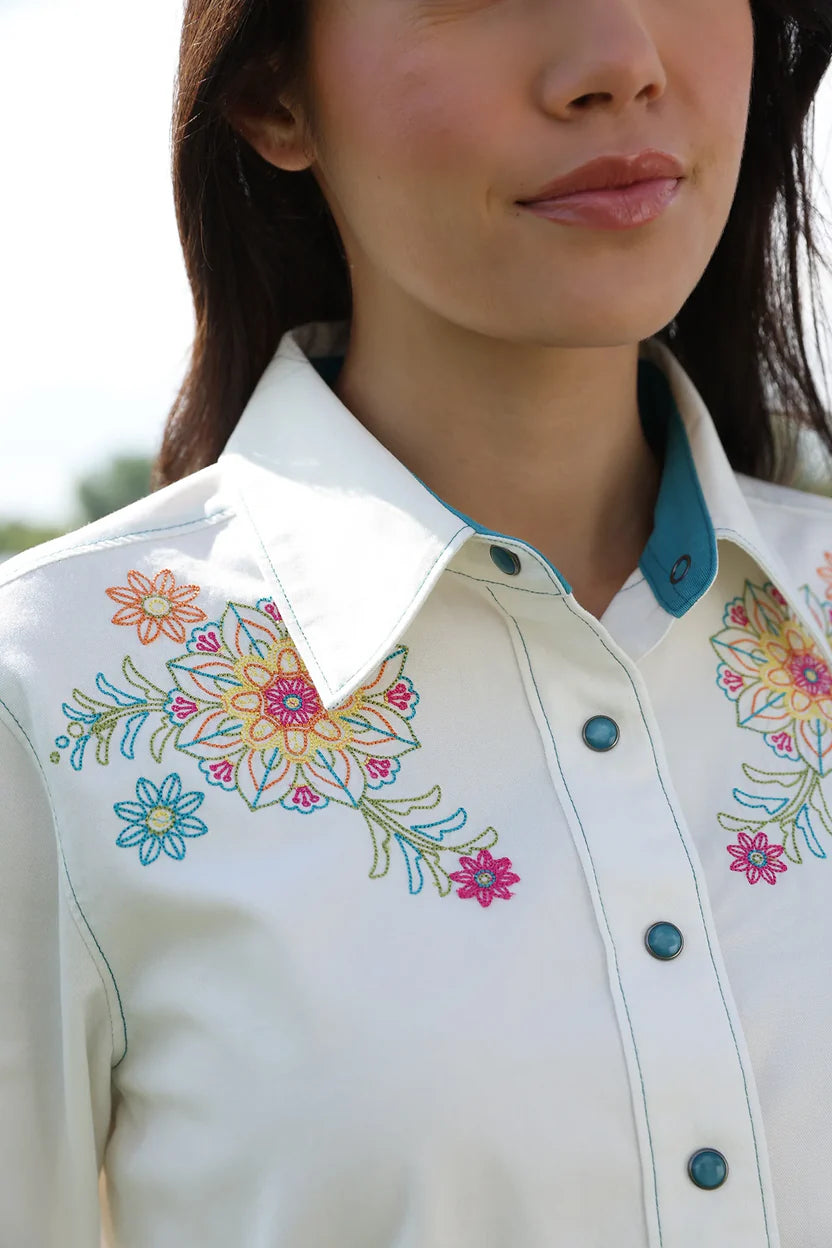 Cruel Girl Long Sleeved Shirt - Floral Embroidery Pearl Snap (CTW7529003)