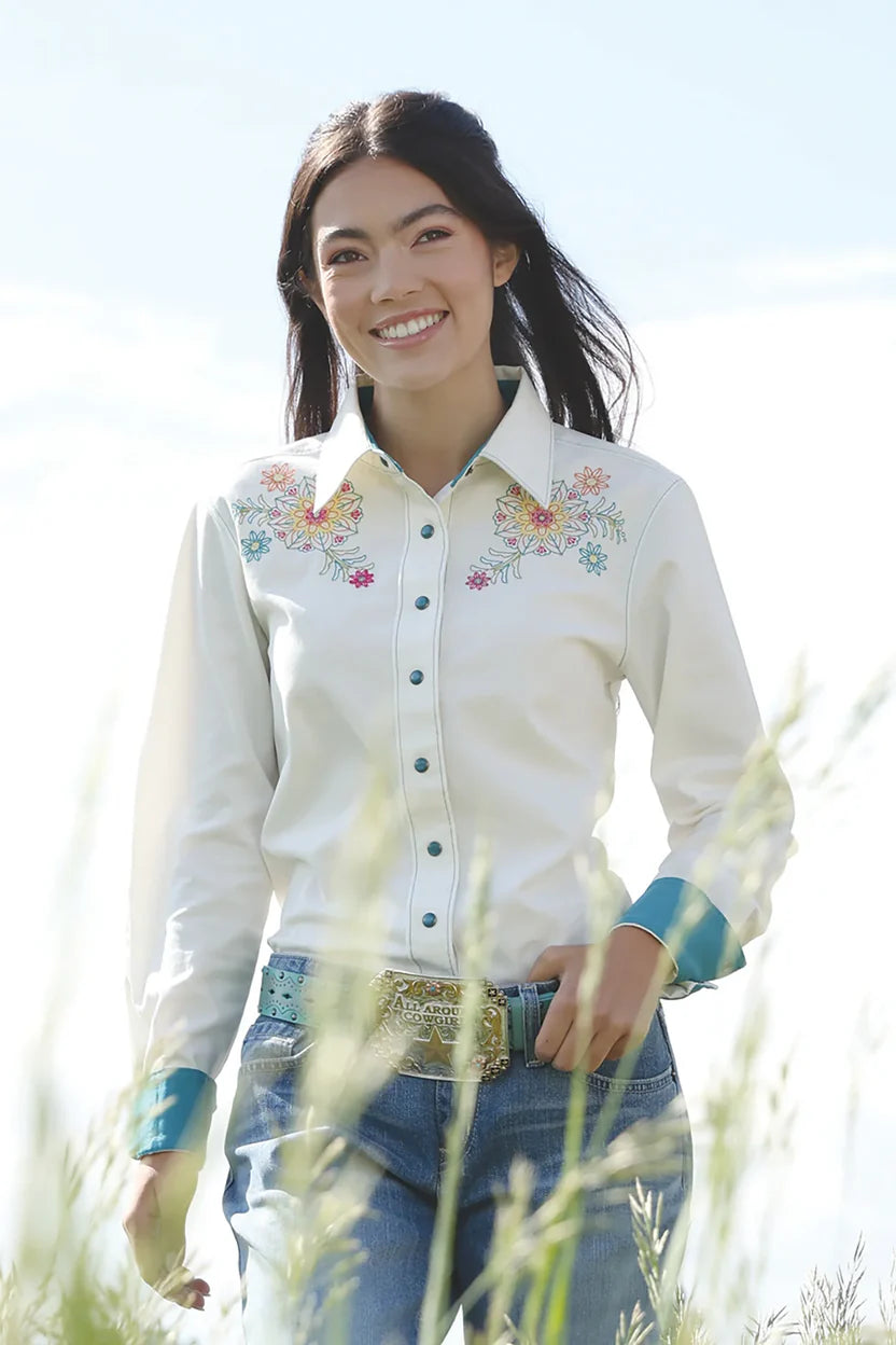 Cruel Girl Long Sleeved Shirt - Floral Embroidery Pearl Snap (CTW7529003)