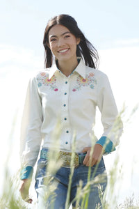 Cruel Girl Long Sleeved Shirt - Floral Embroidery Pearl Snap (CTW7529003)