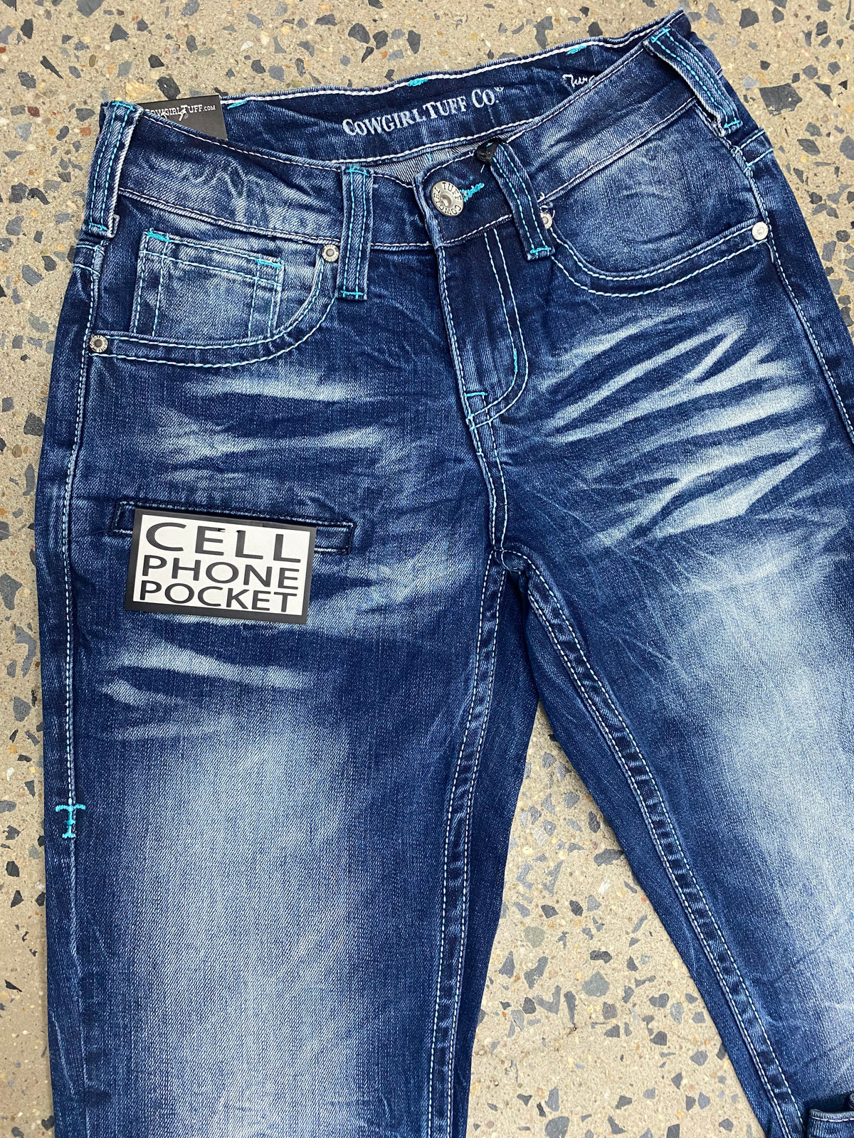 Cowgirl Tuff Jeans - Turquoise Boot Stitch