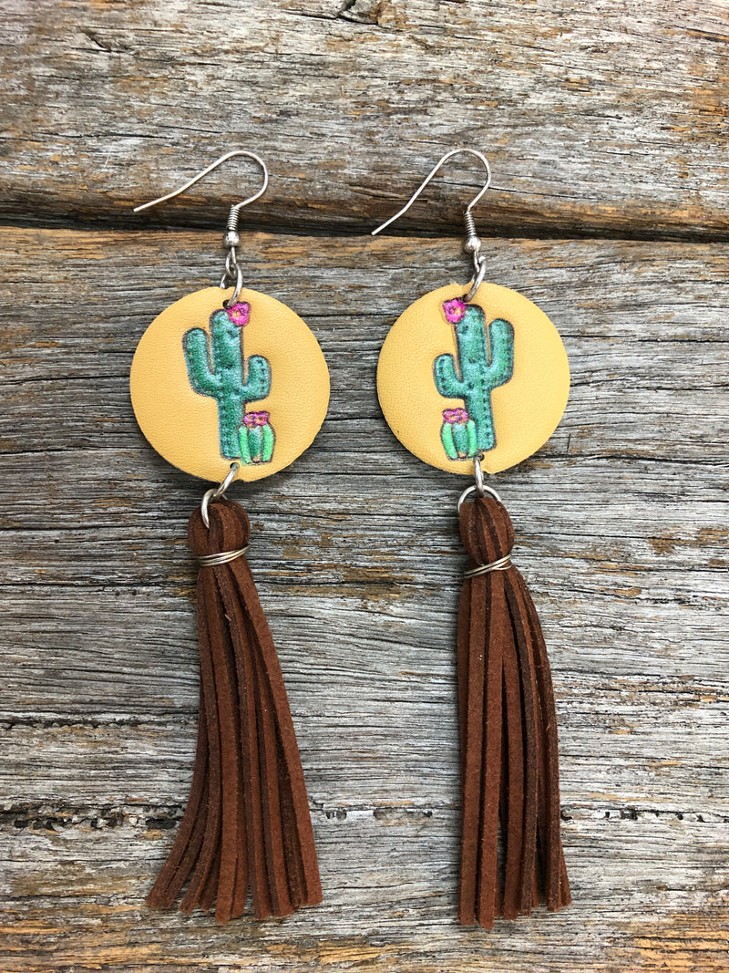 Western Earrings - Tipi Western Cactus Tassel Brown