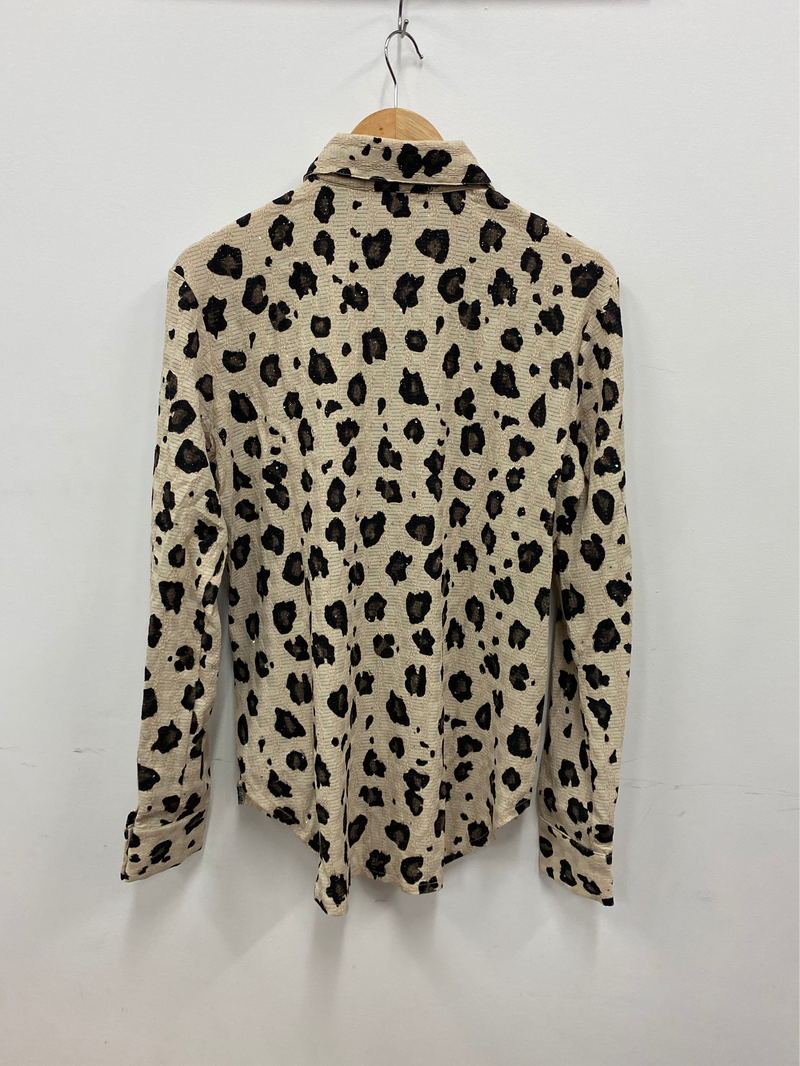 Cowgirl Tuff Pullover Arena Shirt - Tan Leopard Print With Silver Sparkle