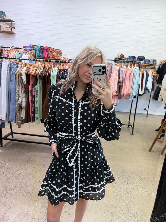 Bianca Mini Dress - Black with White Polka Dots