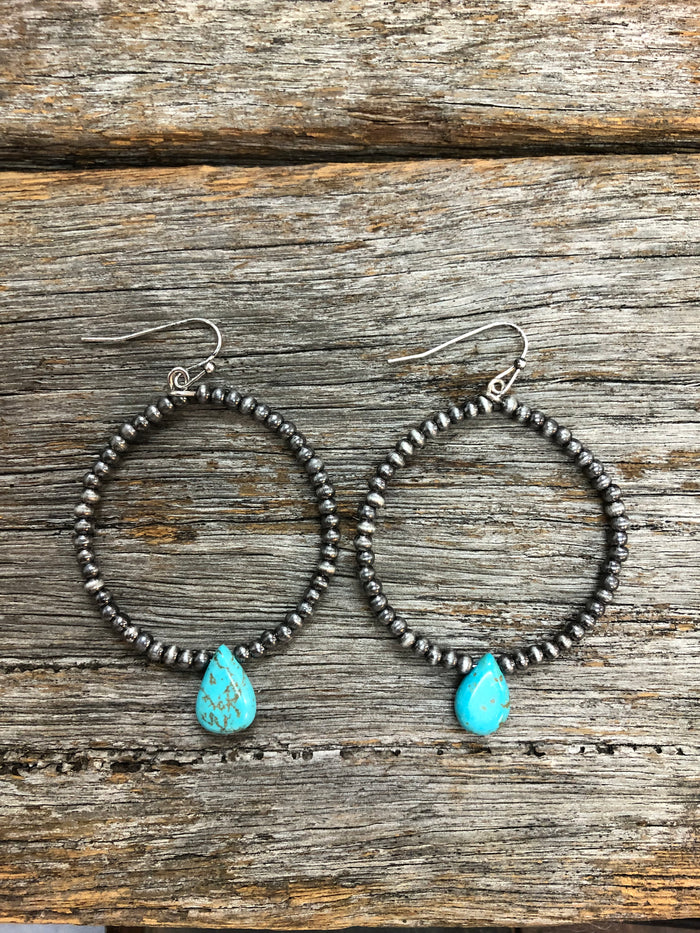 Western Earrings - Navajo Stone Beaded Hoop Turquoise