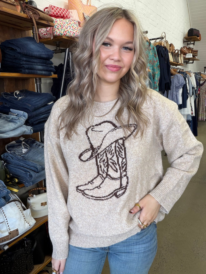 Western Boot & Hat Knit - Beige