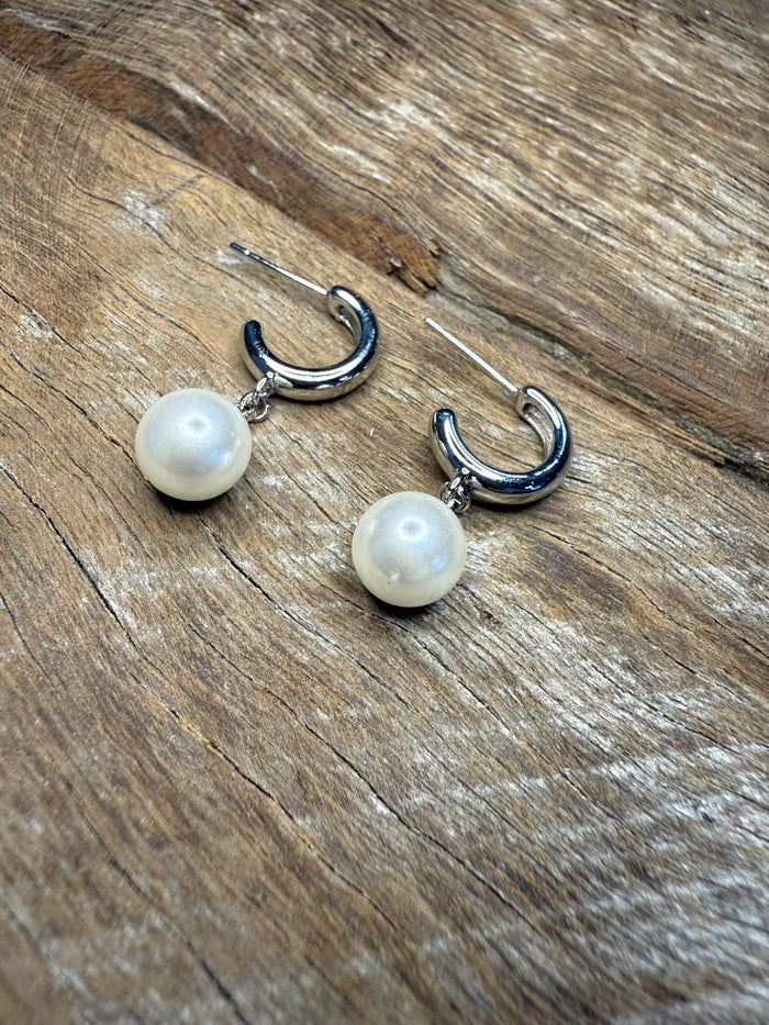 Earrings - Silver Pearl Dangle Hoop