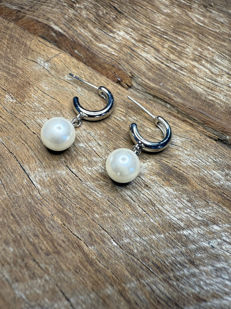 Earrings - Silver Pearl Dangle Hoop