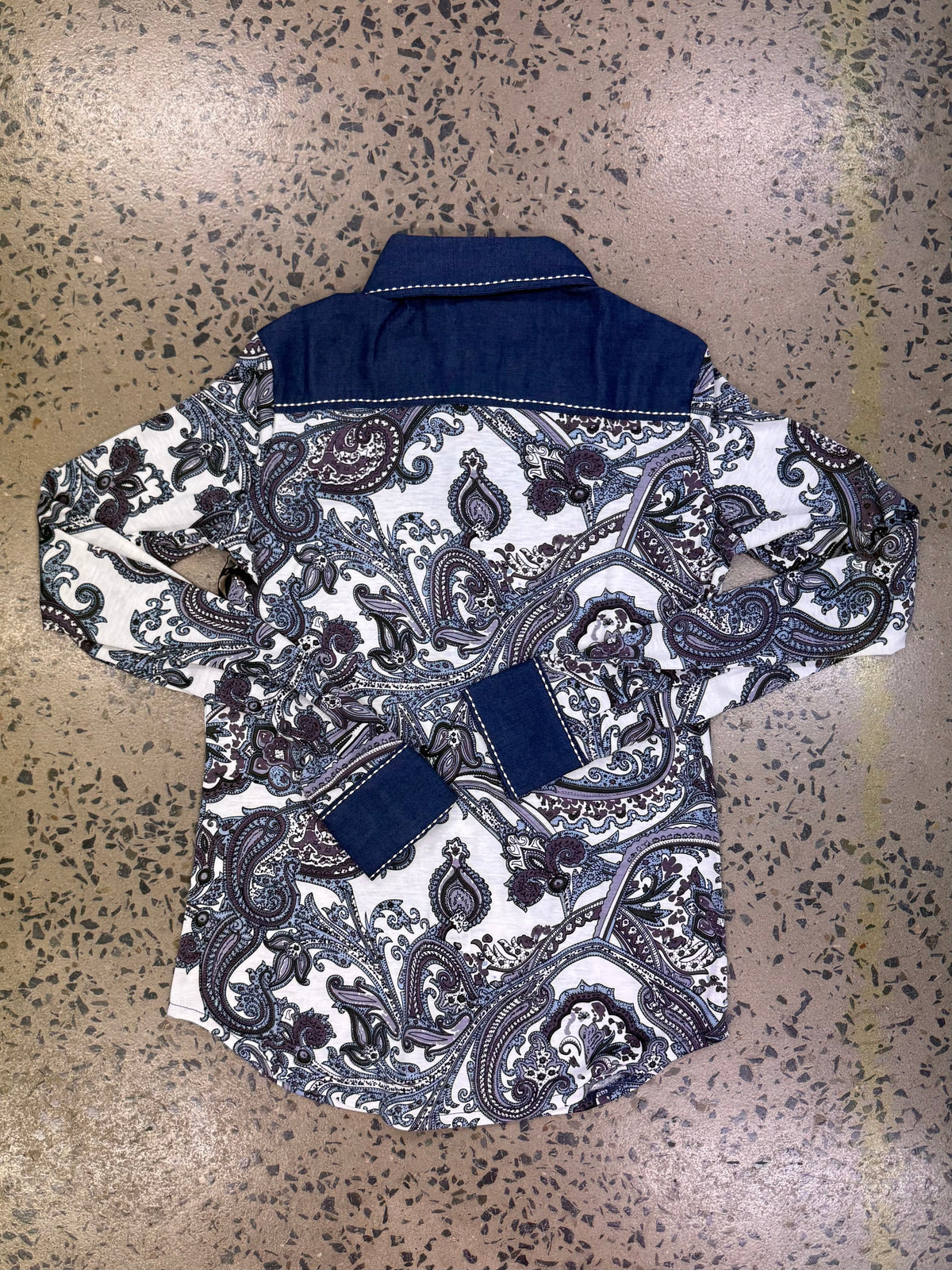 Cowgirl Tuff Pullover Arena Shirt - Blue Paisley With Denim Stretch Jersey
