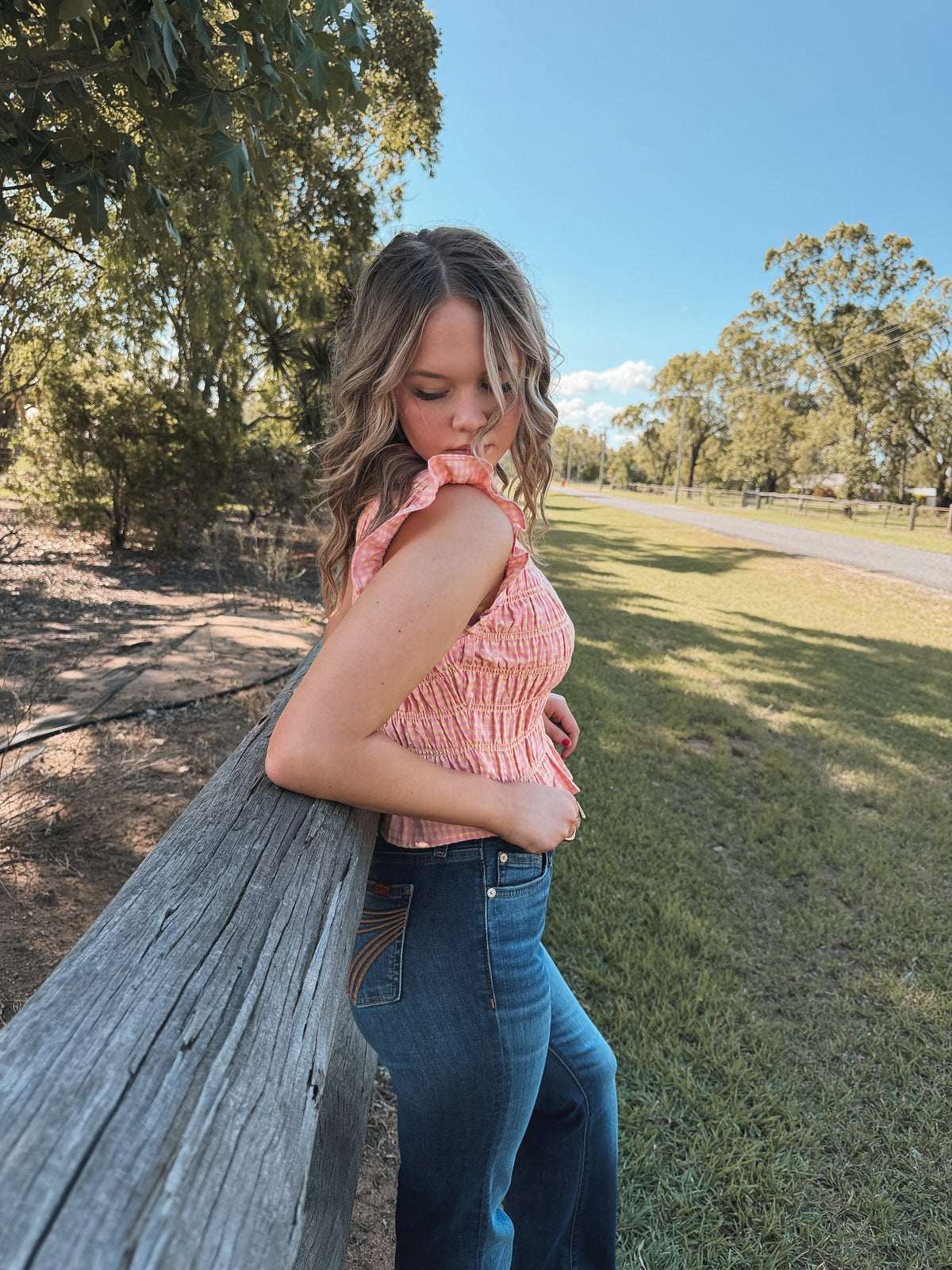Gingham Smocked Top - Peach