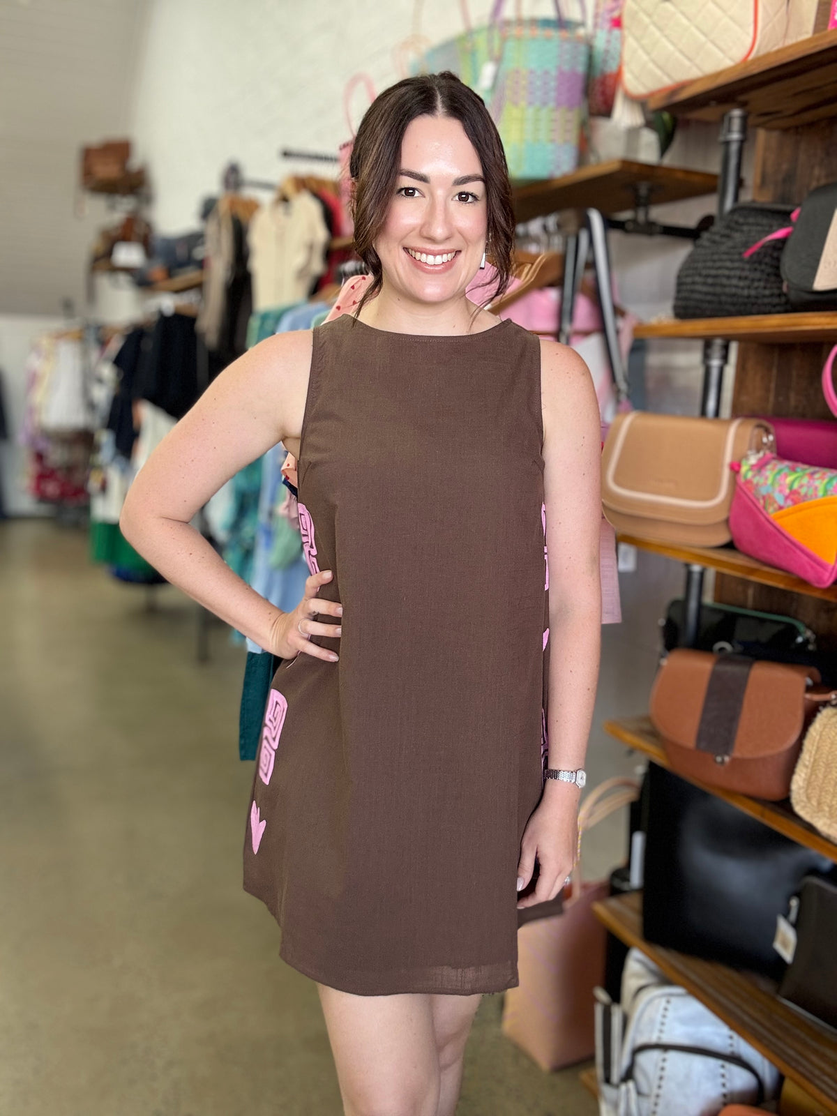 Faye Mini Dress - Chocolate & Pink