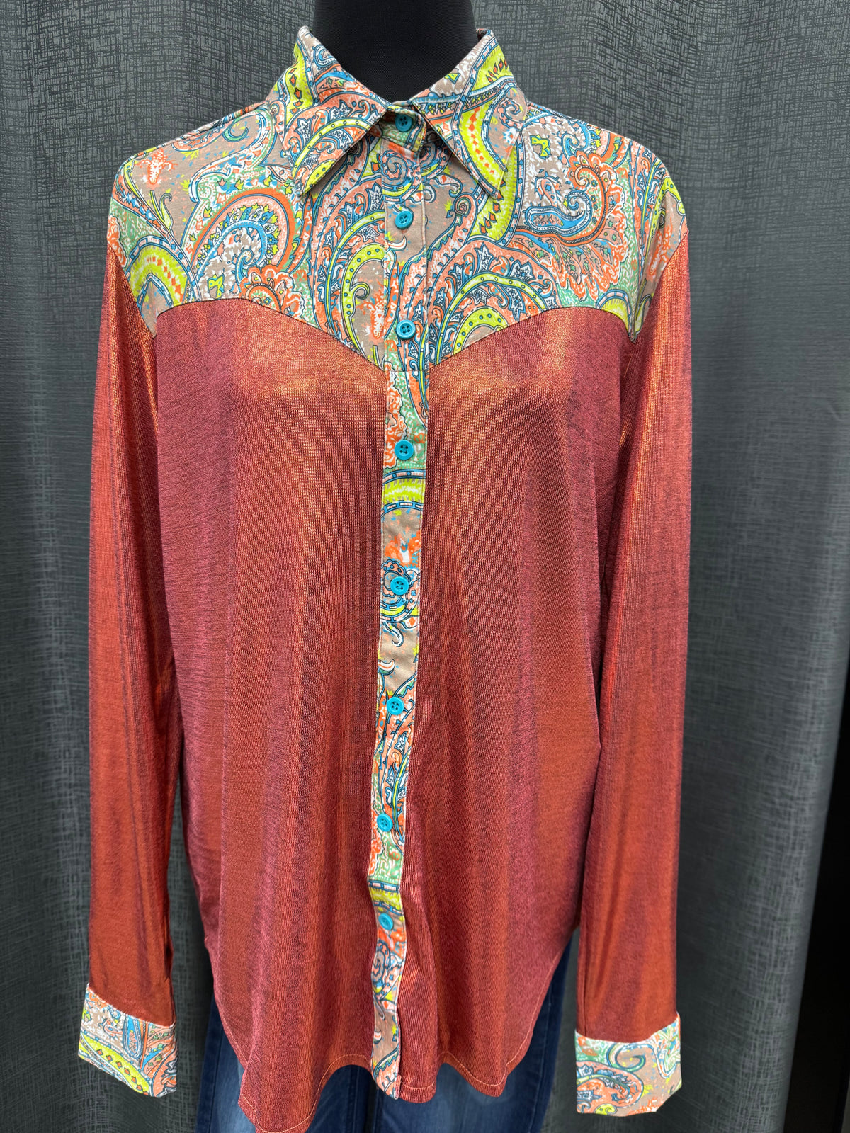 Cowgirl Tuff Pullover Arena Shirt - Rust Metallic With Colourful Paisley Accents