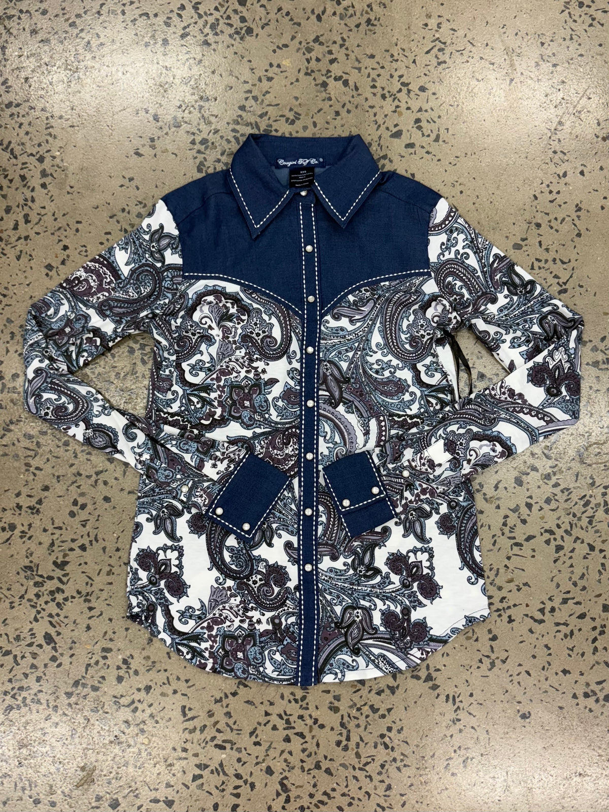 Cowgirl Tuff Pullover Arena Shirt - Blue Paisley With Denim Stretch Jersey