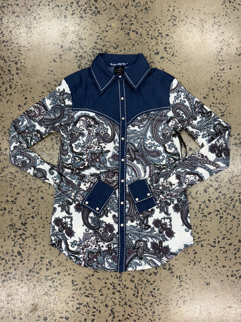 Cowgirl Tuff Pullover Arena Shirt - Blue Paisley With Denim Stretch Jersey