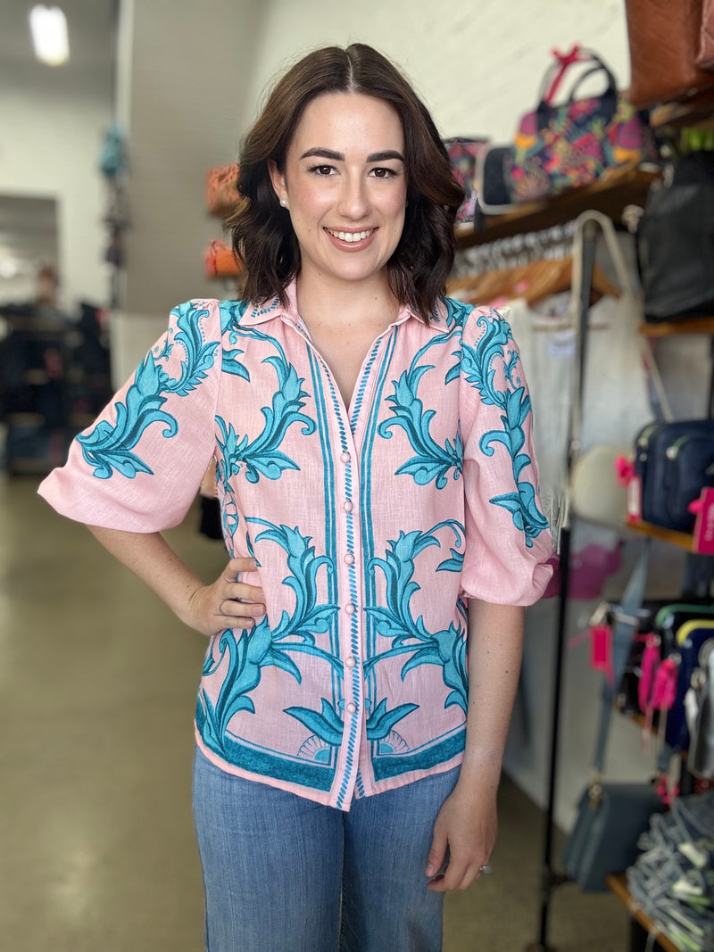 Mabel Top - Pink & Aqua Floral