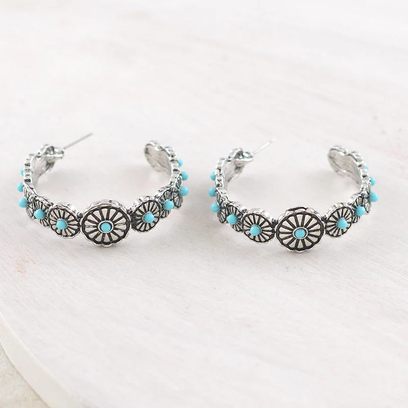 Western Earrings - Silver Turqouise Half Hoop