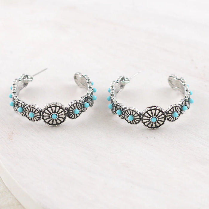 Western Earrings - Silver Turqouise Half Hoop