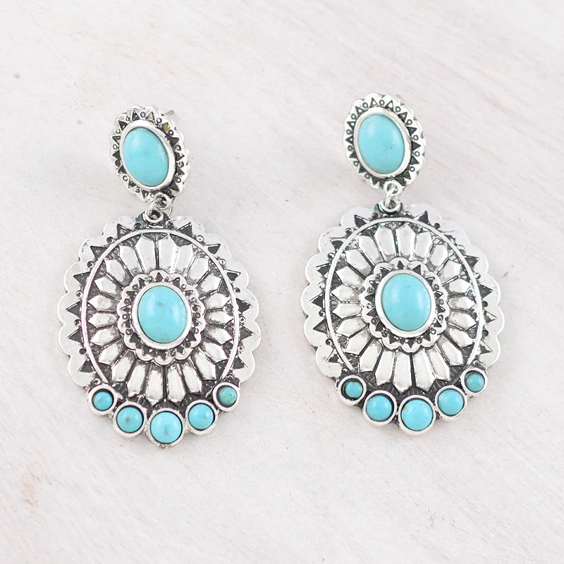 Western Earrings - Silver Oval Astec Turqouise Drop