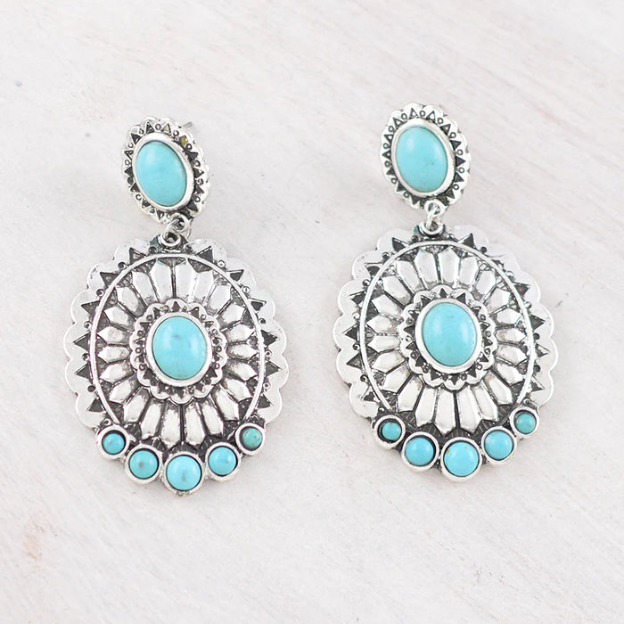 Western Earrings - Silver Oval Astec Turqouise Drop