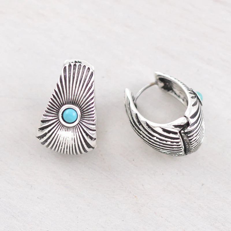 Western Earrings - Textured Green Turquoise Hoop