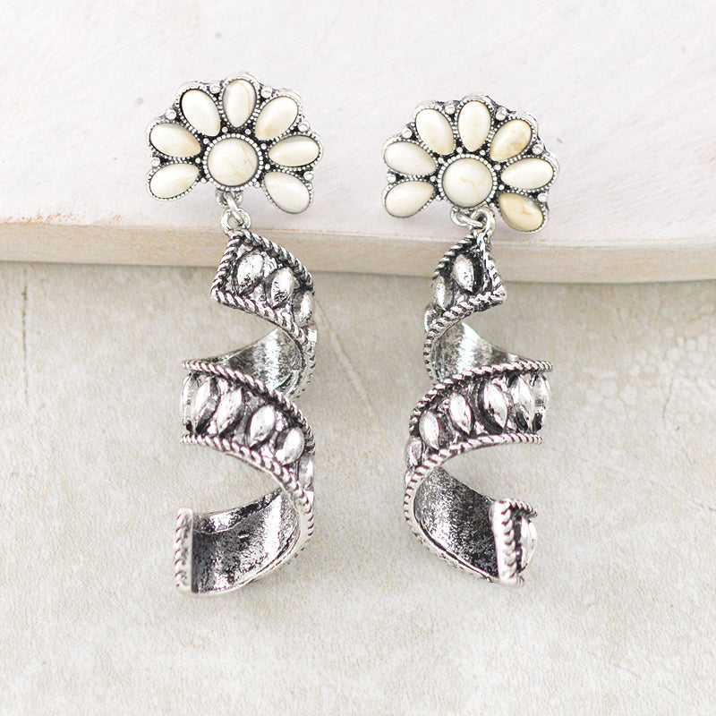 Western Earrings - Natural & Silver Spiral Drop