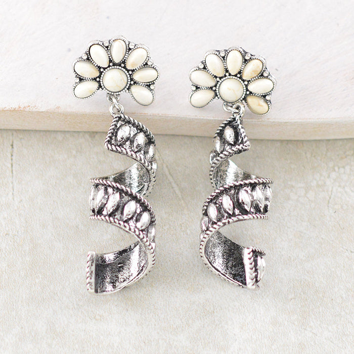 Western Earrings - Natural & Silver Spiral Drop