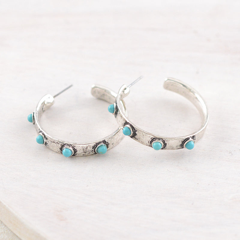 Western Earrings - Silver 3/4 Turquoise Stone Hoop