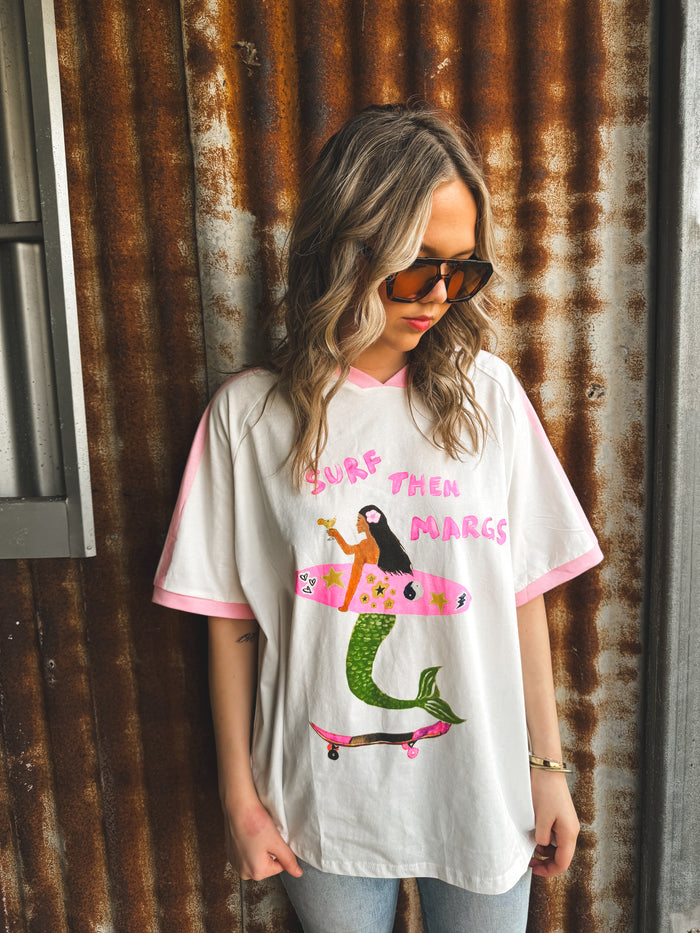 Surf Then Margs Oversized Tee - White & Pink