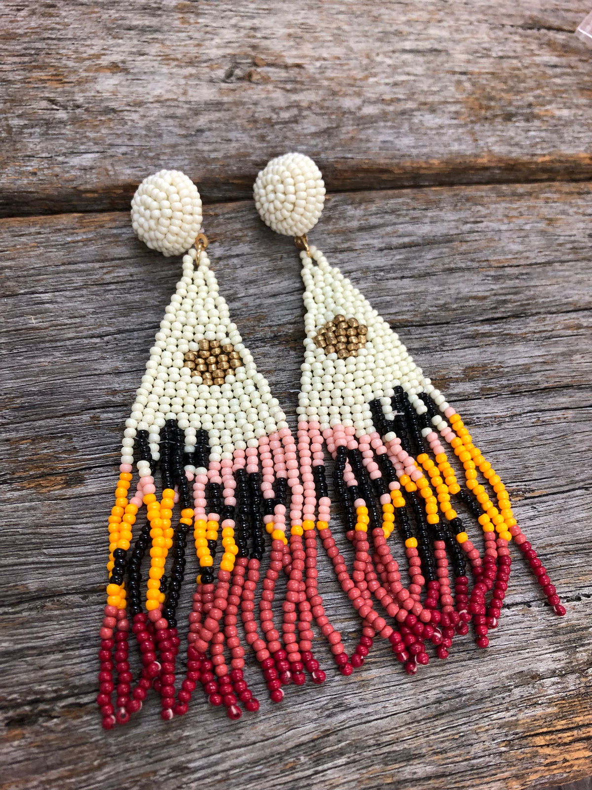 Western Earrings - Viola Seed Bead Triangle Cactus Tassel Drop White