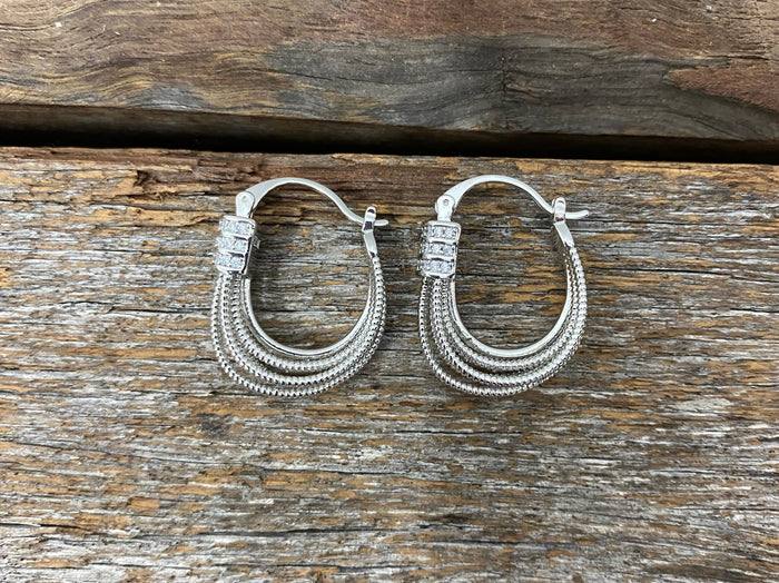 Earrings - Silver Cubic Zirconia Layered Hoop Earring