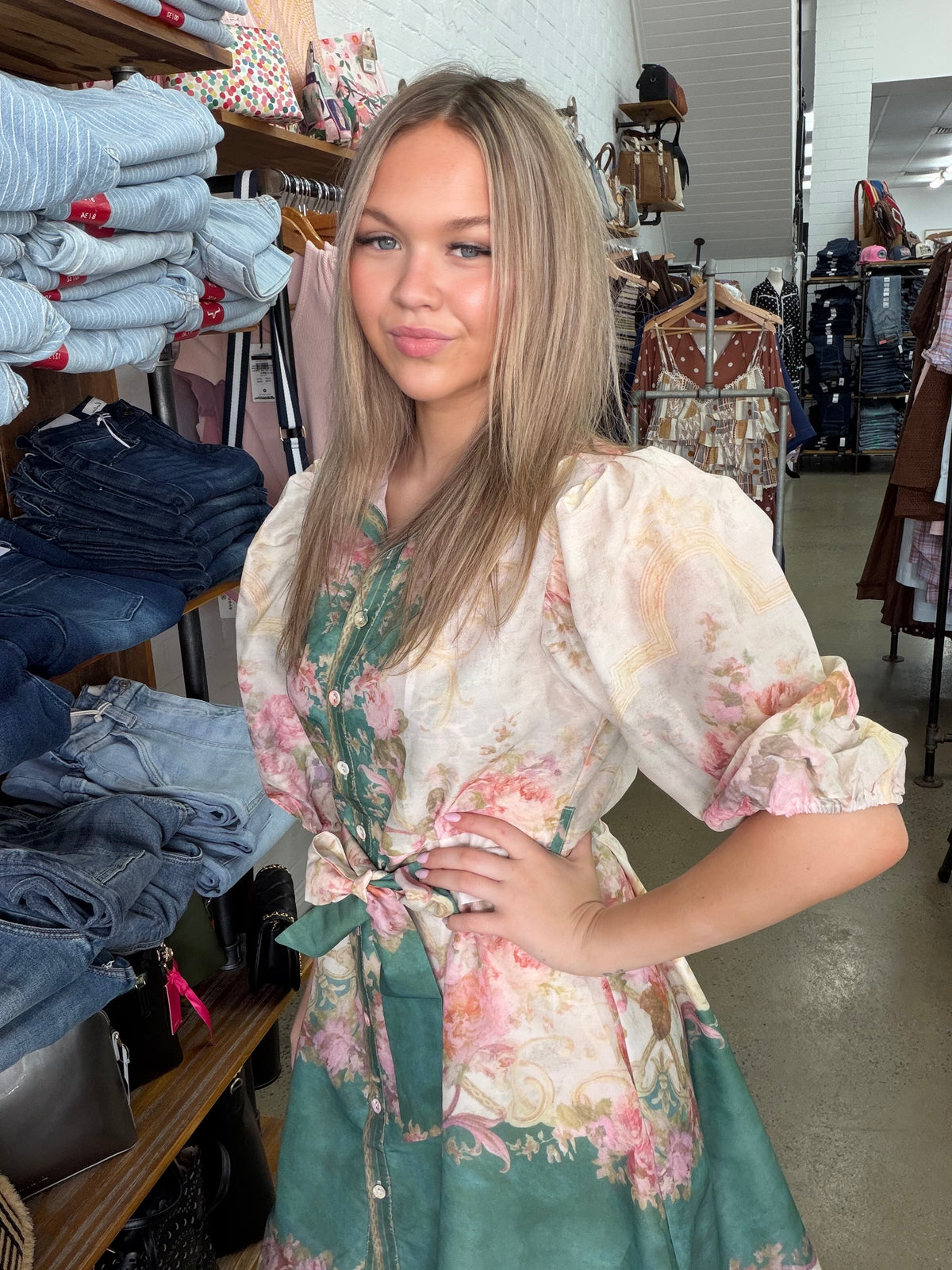 Bridget Dress - Cream and Green Floral