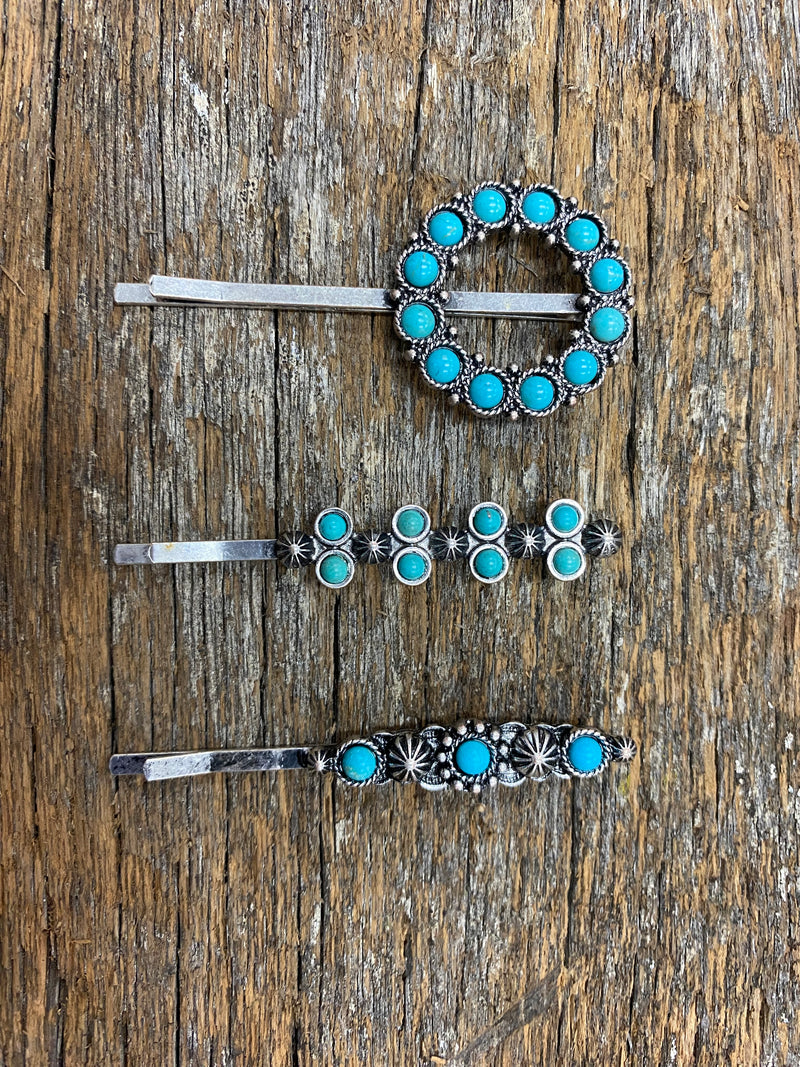 Western Hair Piece - Silver and Turquoise Hair Pin (Set of 3)