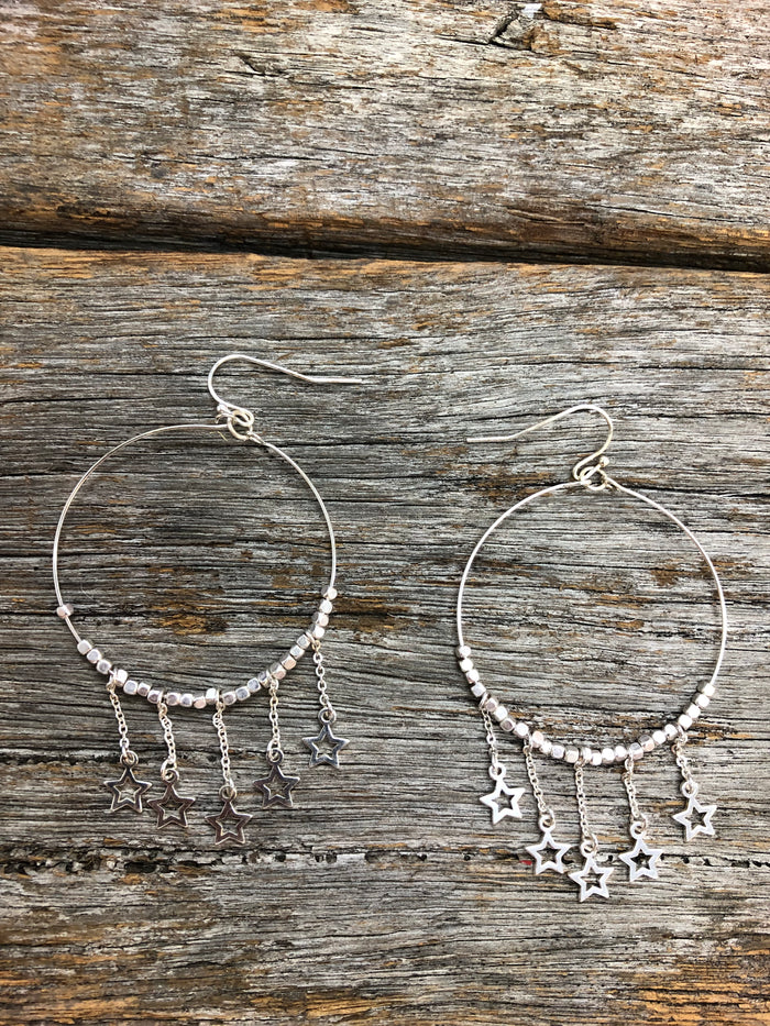 Western Earrings - Hoop Dangle Star Silver
