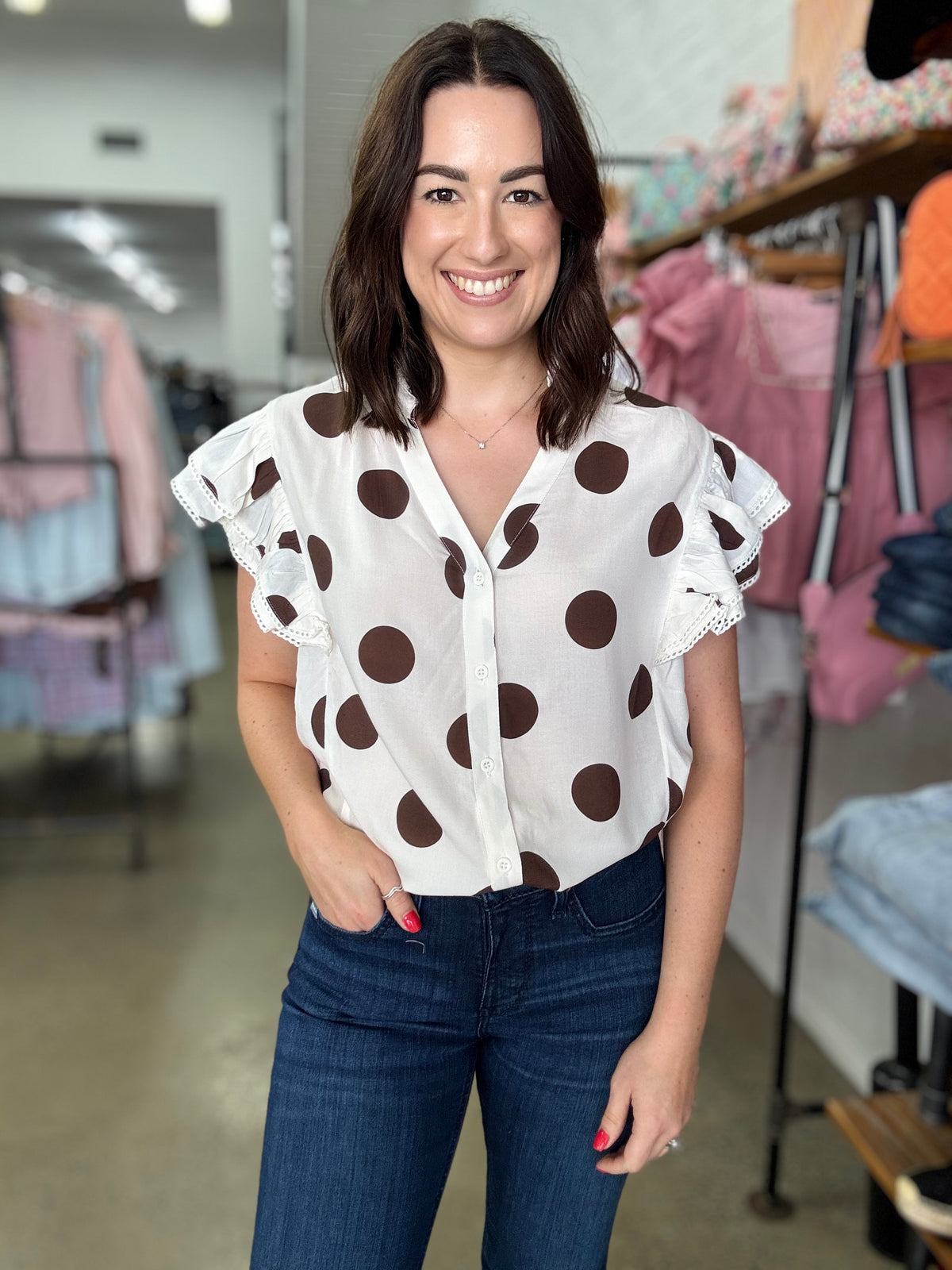 Minnie Top - White and Chocolate Polka Dot