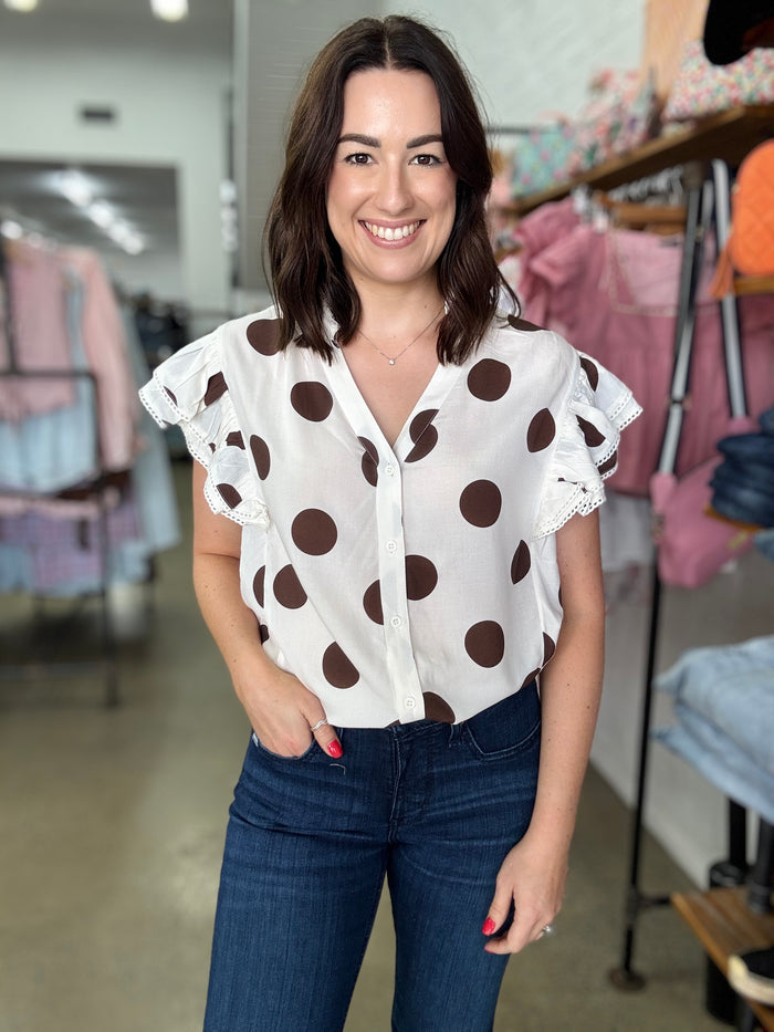 Minnie Top - White and Chocolate Polka Dot