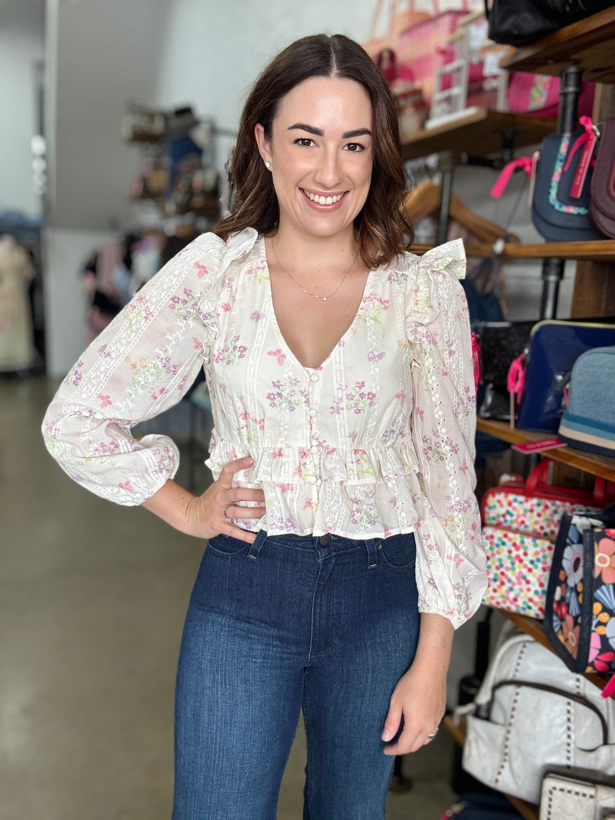 Ella Top - Soft Pastel Floral Ivory