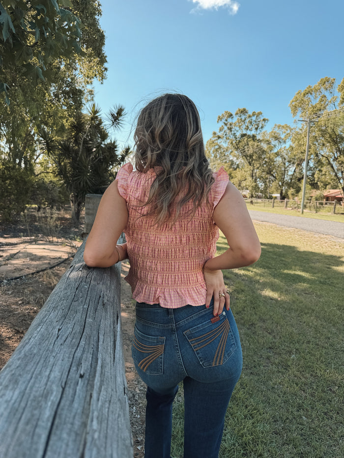 Gingham Smocked Top - Peach