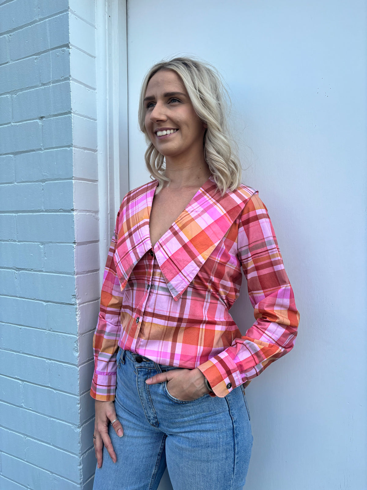 LJC Matilda Top - Poplin Pink Plaid