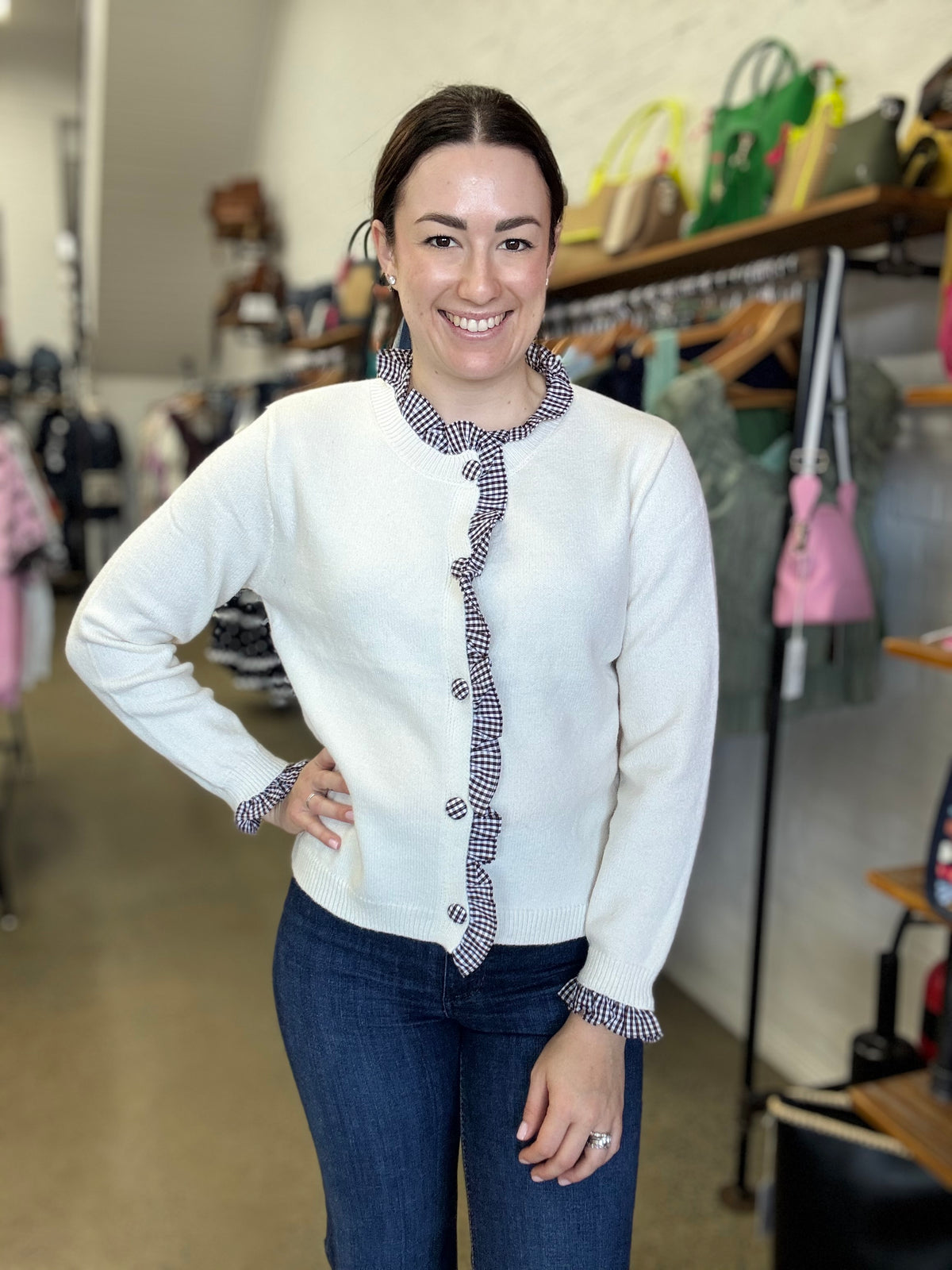 Marley Cardigan - Gingham Beige