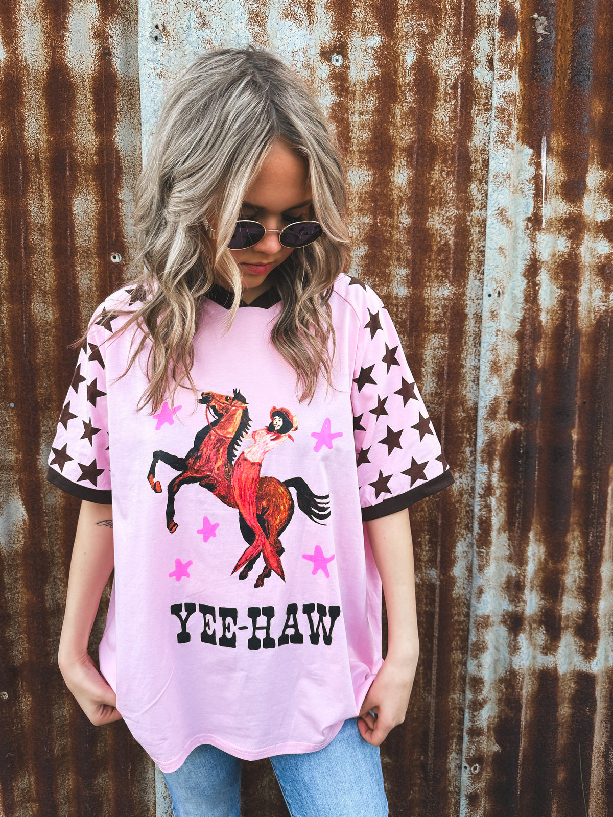 Yeehaw Oversized Tee - Pink & Brown