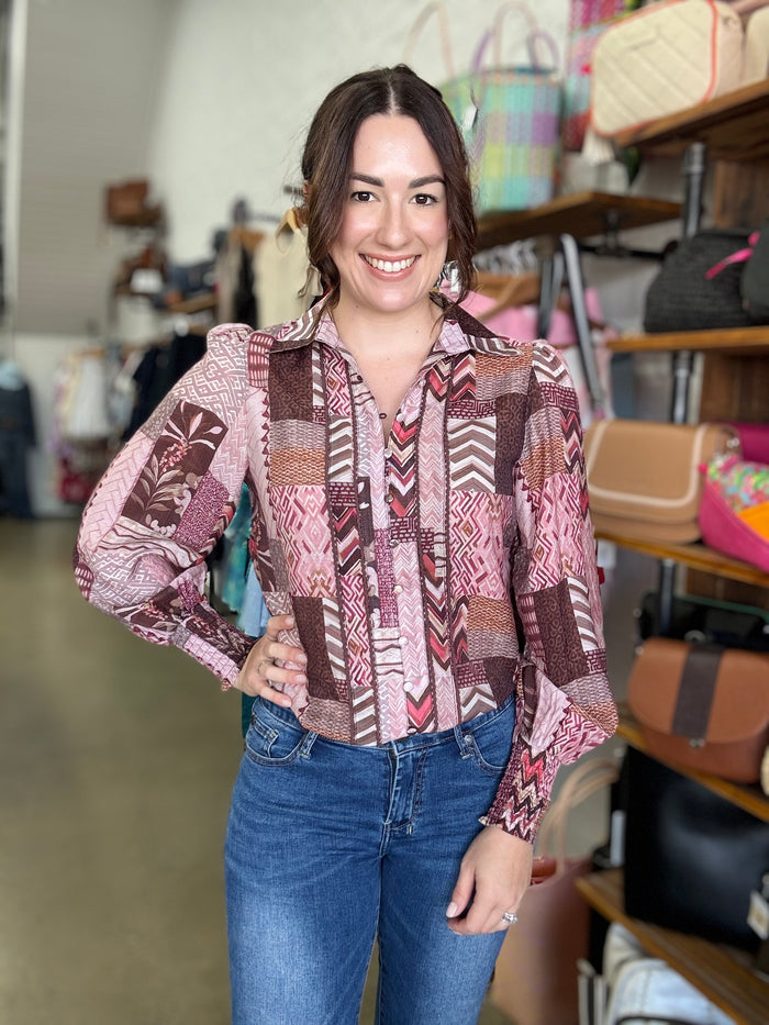 Lena Top - Burgundy Abstract