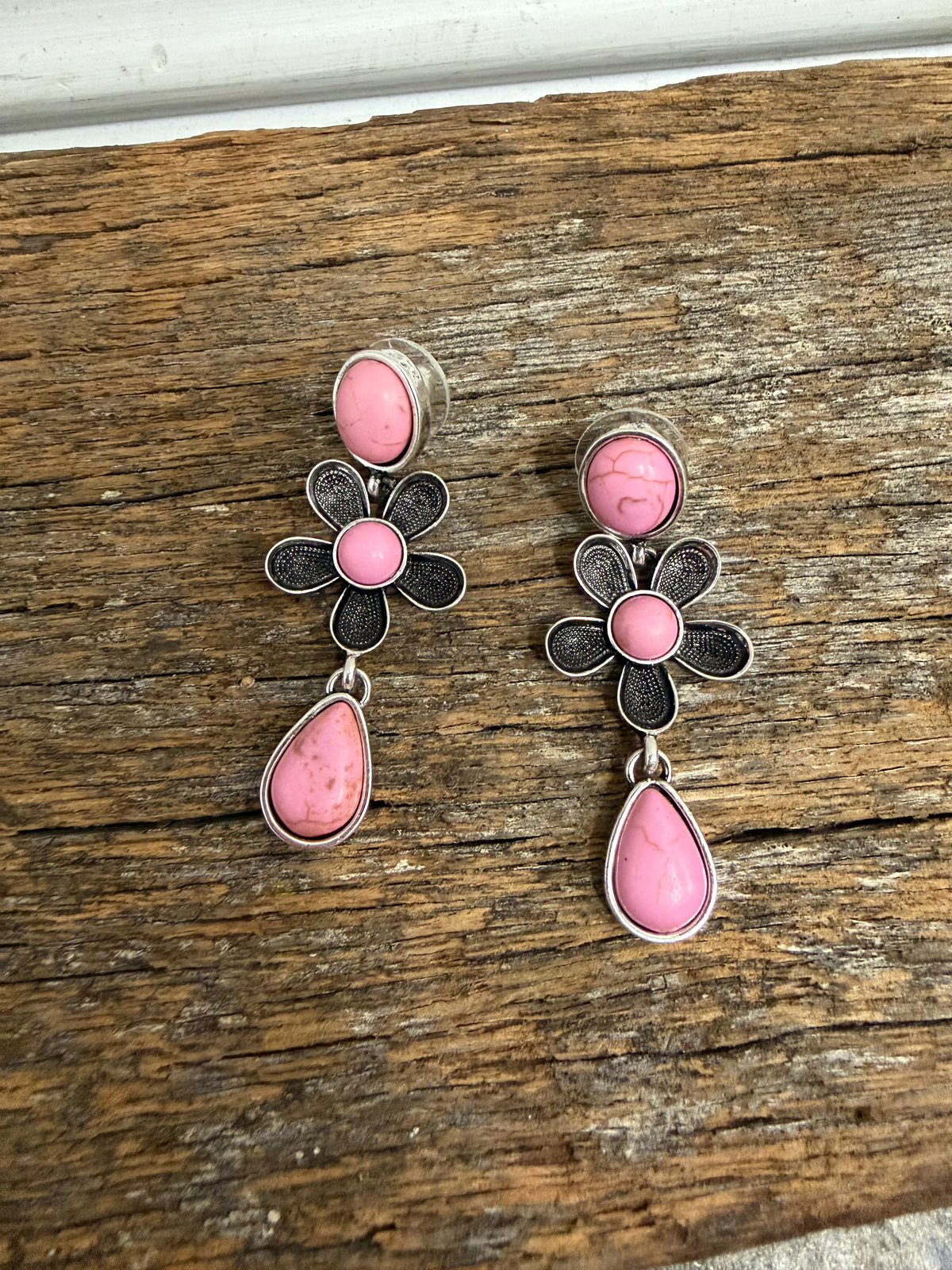 Western Earrings - Pink Flower Turquoise