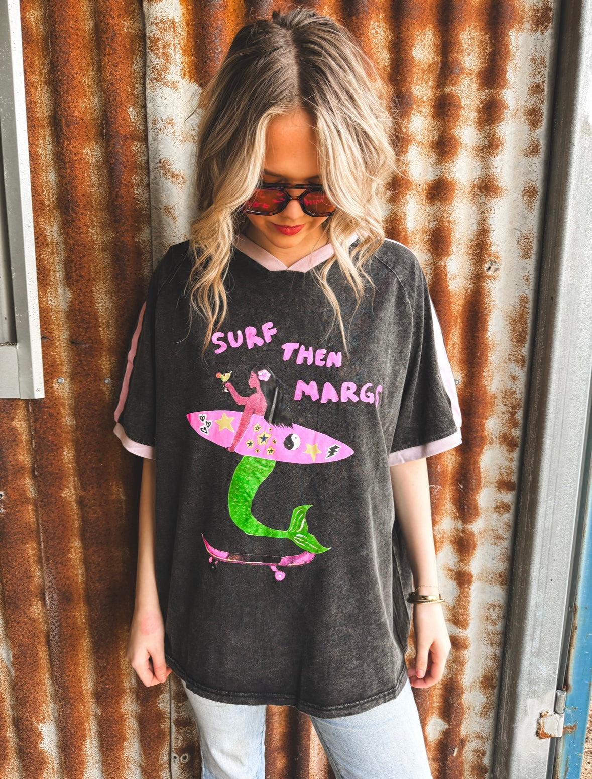 Surf Then Margs Oversized Tee - Black & Pink
