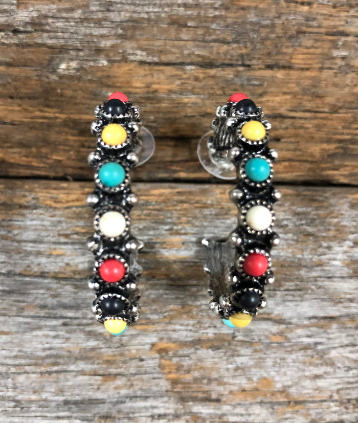 Western Earrings - Multi-Coloured Stone Hoop