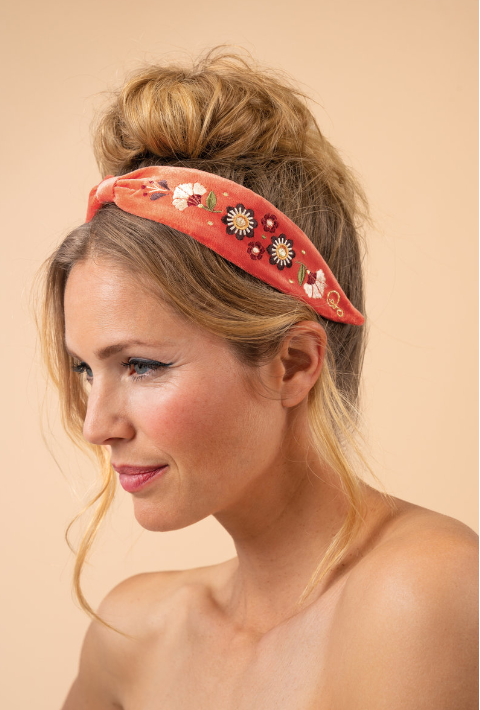 Embroidered Narrow Headband - Floral Tangerine