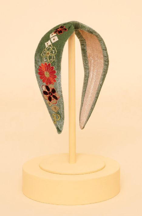 Embroidered Narrow Headband - Floral Sage