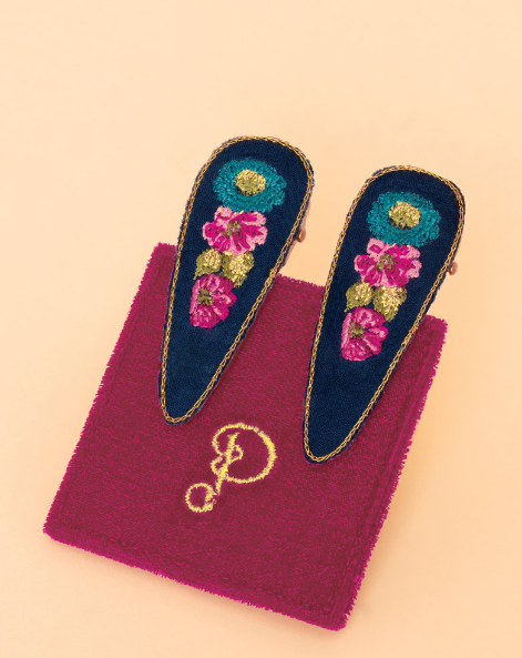 Embroidered Hair Clips (Set of 2) - Vintage Floral Navy