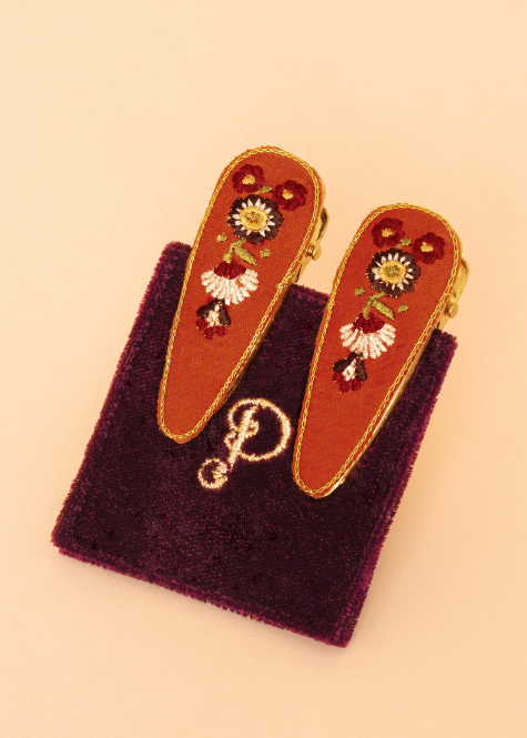Embroidered Hair Clips (Set of 2) - Deco Floral Tangerine