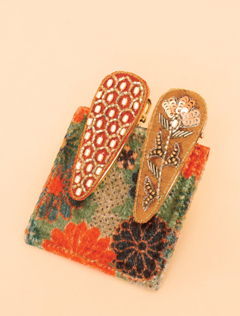 Embroidered Hair Clips (Set of 2) - Hexagon & Floral Stem Tangerine & Mustard