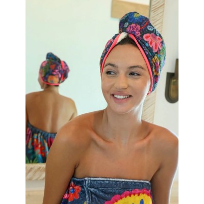 Hair Towel Wrap- Charcoal Folk Flower