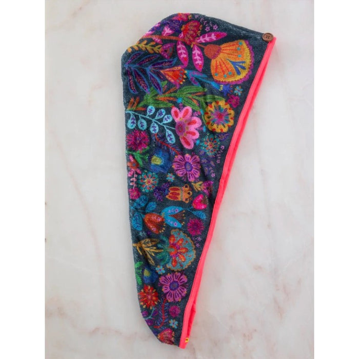 Hair Towel Wrap- Charcoal Folk Flower